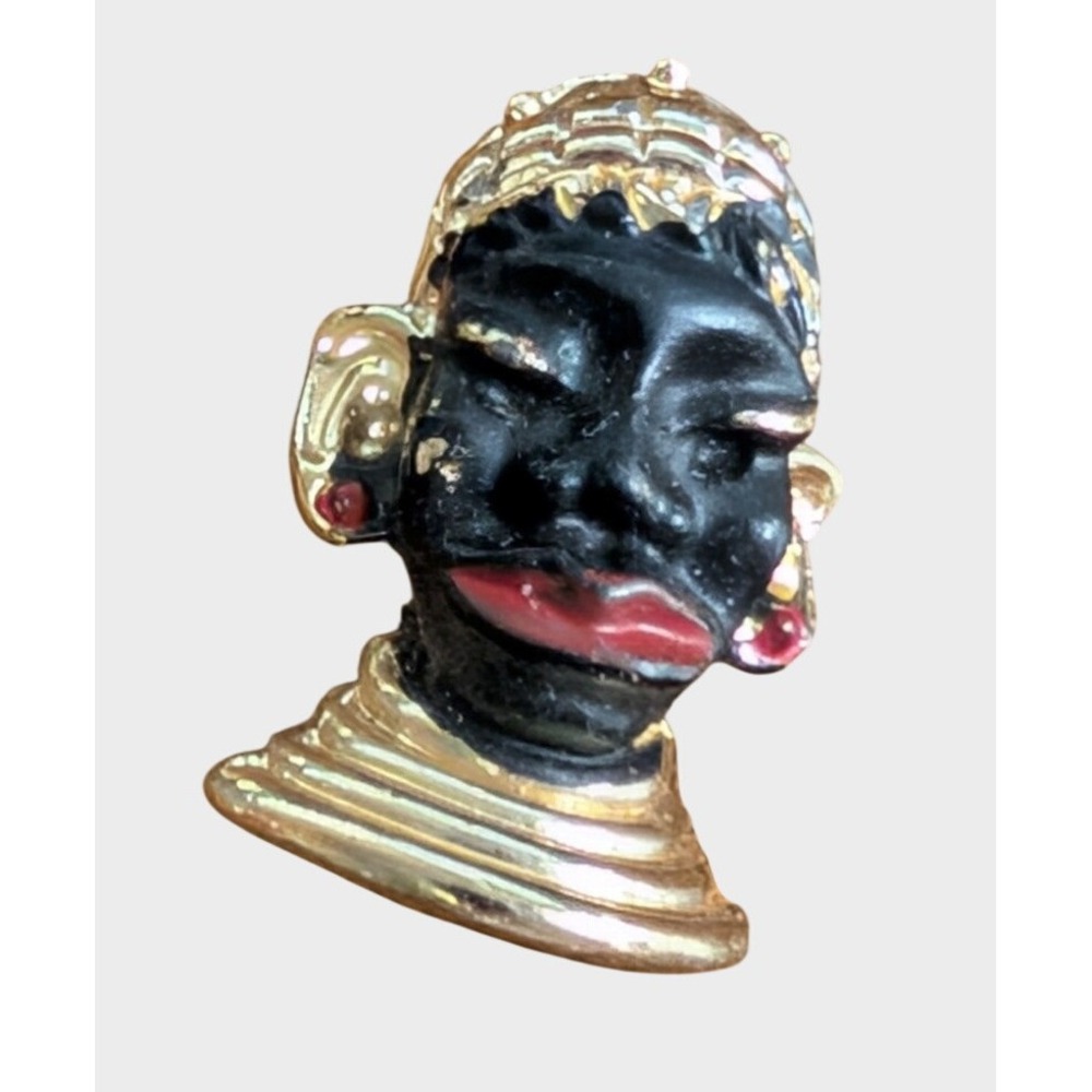 Vintage Blackamoor Head Brooch Pin Gold Tone Metal Black Red Enamel 1" 1959s